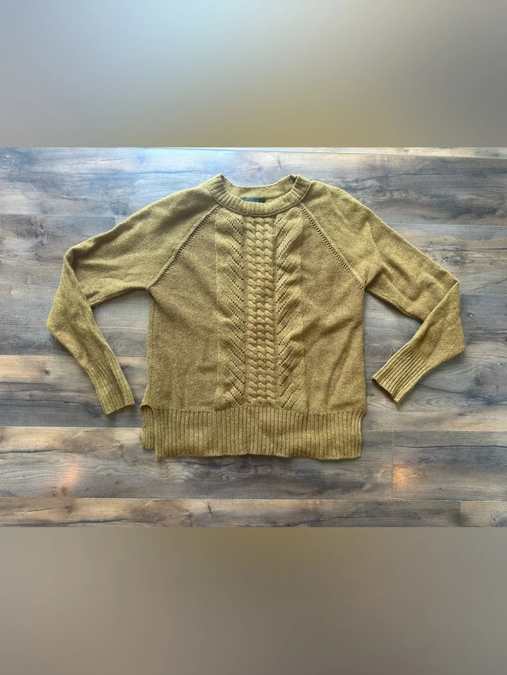 J.Crew 100% Wool Cable Knit Sweater Small Mustard Olive Crewneck Cozy